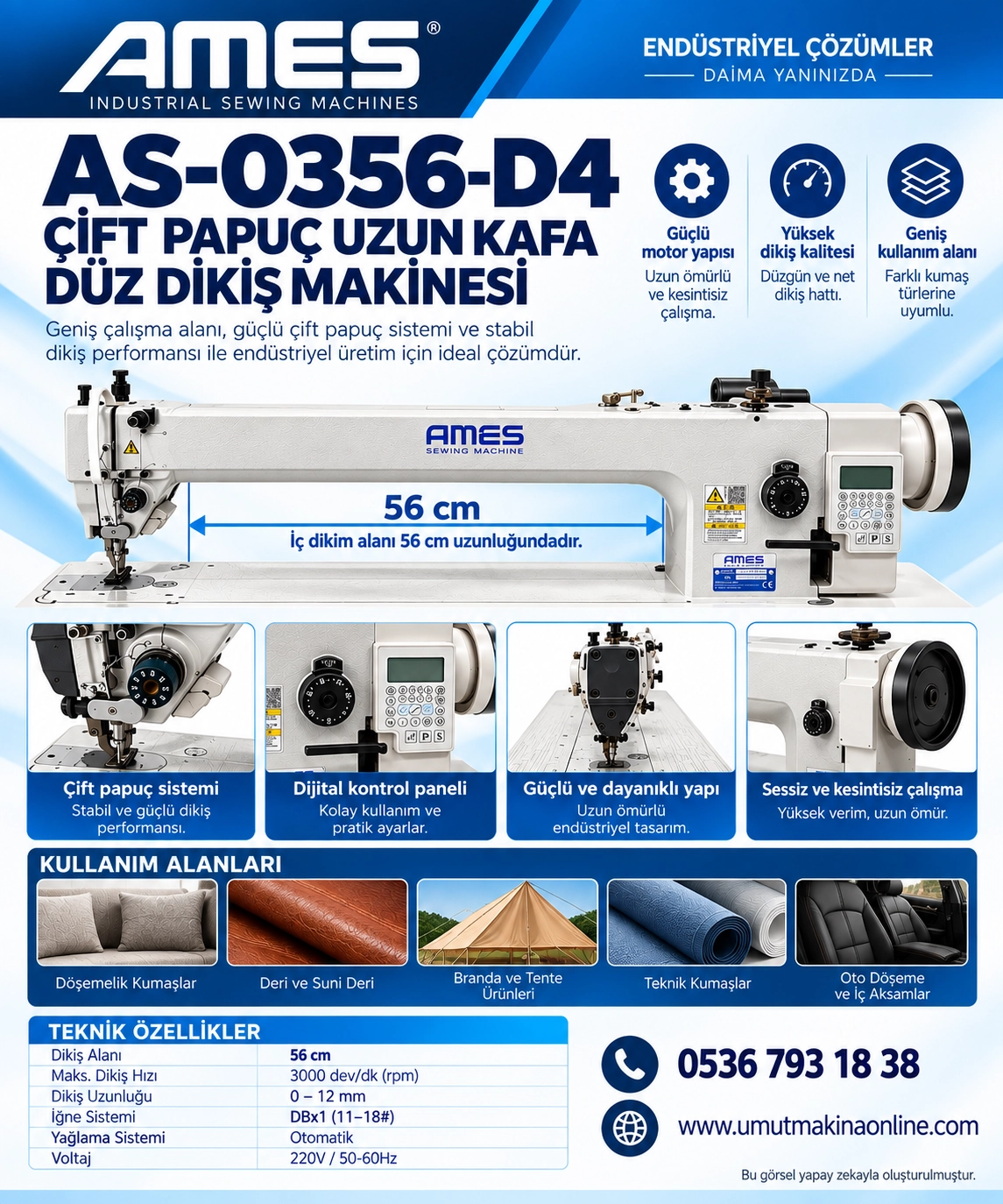 AS-0356-D4 AMES Çift Papuç Uzun Kafa 56 cm Elektronik İplik Kesmeli Dikiş Makinesi – 12 mm